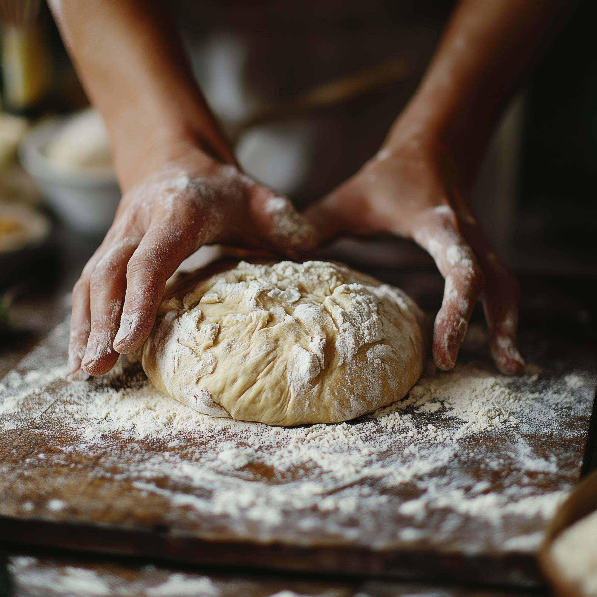 Dettaglio mani che impastano pane artigianale